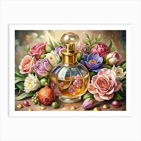 Still Life Of Perfume Bottle And Flowers Art Print