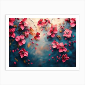 Pink Flowers On A Blue Background Art Print