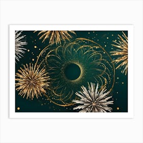 A Background With Gold And Silver Fireworks And A Glowing, Golden Ring In The Center Art Print