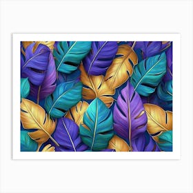 Tropical Colourful Leaves In Blue Green Gold Purple Hand Painted 3d Illustration Floral Seamless Pattern 1 Art Print