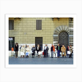 Taxi Queue Of Shoppers Rome Italy Yellow & Blue Art Print