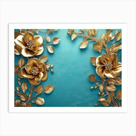 Gold Flowers On Blue Background 1 Art Print