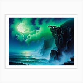 Green Dragon Perched On A Sheer Cliff Icy Blue Ocean Sprawling Below Under A Pale Moonlight Scales Art Print