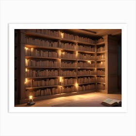 Cosy Library Interior With Floor To Ceiling Wooden Bookshelves Illuminated By Warm Light, Creating A Peaceful Atmosphere Art Print