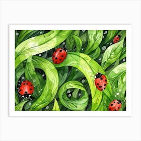 Ladybugs On Green Leaves 2 Art Print