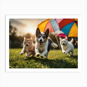 Cats And Dogs Running Art Print