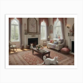 Living Room With Cats Art Print