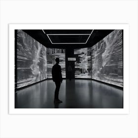 An Illustration Of Two People Silhouetted In A Dark Room Surrounded By Large Screens Displaying Abstract Patterns And Lines Art Print