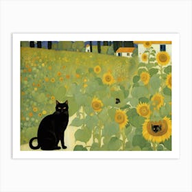 Gustav Klimt Cat In Sunflower Field Art Print