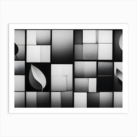 Monochromatic Abstract Composition With White And Black Squares And Leaves, Creating A Minimalist And Modern Design Art Print