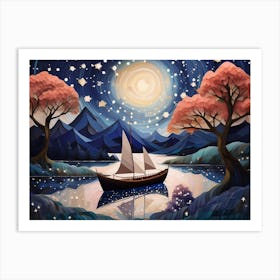 A Boat At Night Among Cherry Trees Art Print