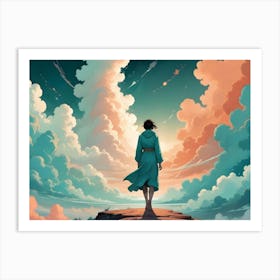 A Woman In A Blue Robe Stands On A Clifftop Overlooking A Vast, Dreamy Landscape Of Colorful Clouds And A Setting Sun Art Print