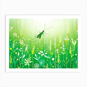 A Lush Grasshopper Leaps Across A Vibrant Oversaturated Meadow The Intense Green Hues Softened By Art Print