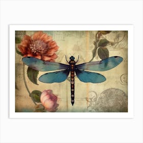 Dragonfly Botanical Illustration Flower Art Print