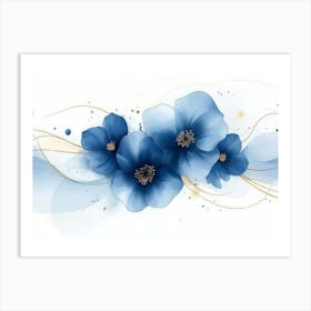 Elegant Abstract Blue Flowers With Golden Line 3 Art Print