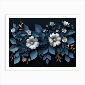 Elegant 3d Floral Art Featuring a Bunch of Leaves and Flowers on a Black Art Print