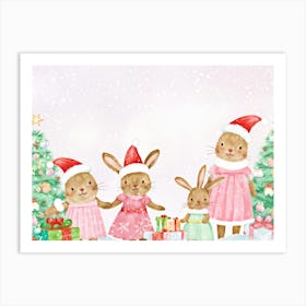 Whimsical Cartoon Bunnies Dressed In Pastel Pink Dresses Wearing Santa Hats Celebrating Christmas Art Print