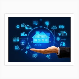 Artificial Intelligence Concept Visualized As A Hand Holding A Glowing Blue Diagram Of A Smart Home (3) Art Print