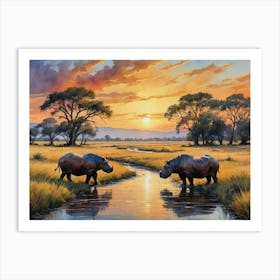 The Call of the African Wild Two Hippos At Sunset Art Print