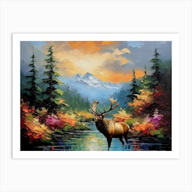 Elk In The Stream - Ai Art Print