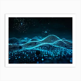 Abstract Digital Painting Portraying A Geometric Pattern Of Glowing Net Like Waves Traversing A Dot (2) Art Print