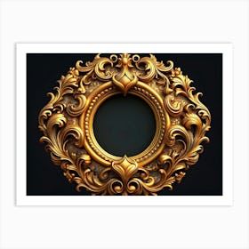 A Round Golden Ornate Frame With Swirls And Leaves On A Black Background Art Print