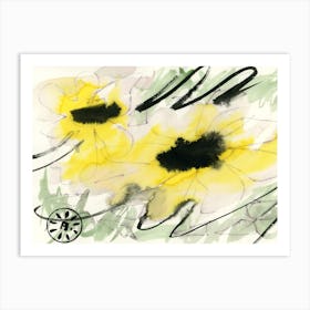 Sunflowers  painting modern contemporary yellow black floral flower ink watercolor kitchen Art Print