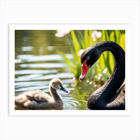 Closeup Of A Black Swan With Its Cygnet On A Small Tranquil Duck Pond Reflecting The Sprightlines Art Print