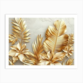 Gold Leaves On Marble Art Print