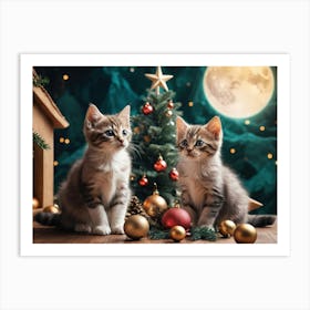 Christmas Kittens under Full Moon Art Print