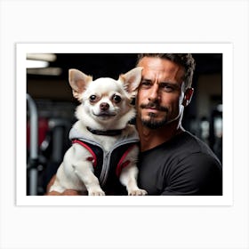 Bodybuilder holding cute Chihuahua dog 3 Art Print