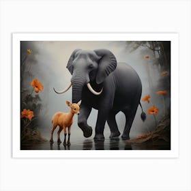 Elephant And Deer Art Print