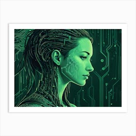 An Illustration Of A Woman S Face, Digitally Rendered With Circuit Board Patterns And Lines Art Print