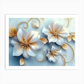 3d White And Pink Flowers, Golden Swirls And Leaves On Light Blue 1 Art Print