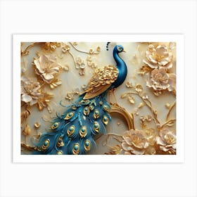 3d Artwork of Peacock with Golden Jewelry and Flowers Art Print