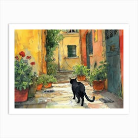 Black Cat In Caserta, Italy, Street Art Watercolour Painting 1 Art Print