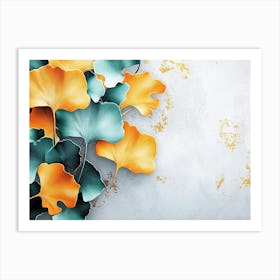 A 3d With Ginkgo Leaves In Turquoise And Golden Tones On A Light Gray 1 Art Print