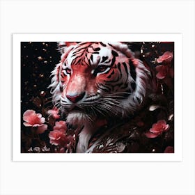 White Tiger Black Dark and Red with Flower Decoration Art Painting Art Print