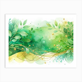 Watercolor Floral Background With Green Leaves And Gold Lines Art Print