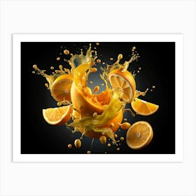 Orange Slices And Juice Splashing On Black Background Art Print