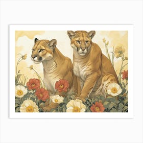 Floral Animal Illustration Mountain Lion 5 Art Print