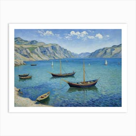 Where Mountains Embrace the Waters Boat In The Bay Art Print