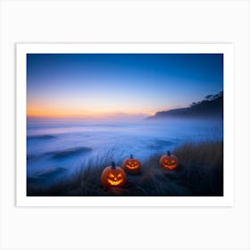 Jack O Lanterns With Eerie Glows Emanating A Soft Light Scattered Along A Desolate Shoreline Early (6) Art Print