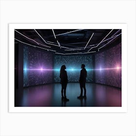 Two People Stand In A Dark Room, Silhouetted Against Interactive Screens Displaying Bursts Of Colorful Light And Digital Patterns Art Print