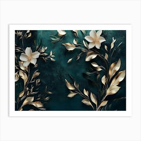 3d Modern Artwork Painting Abstraction Art With White, Dark Green And Golden And Flowers Art Print