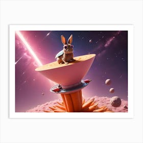 A Rabbit Wearing Sunglasses Sits Atop A Carrot Shaped Spaceship That Rests On A Platform Of Carrots, Against A Colorful Galaxy Backdrop Art Print