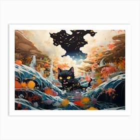 Black Cat Swimming In The Sea Art Print