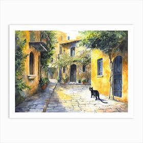Beirut, Lebanon   Black Cat In Street Art Watercolour Painting 4 Art Print