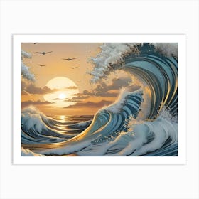 Waves Ocean At Sunset Art Print