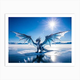 An Ice Dragon Frozen By The Ice Cold Atmosphere Its Mighty Wings Spread Wide As It Majestically So Art Print